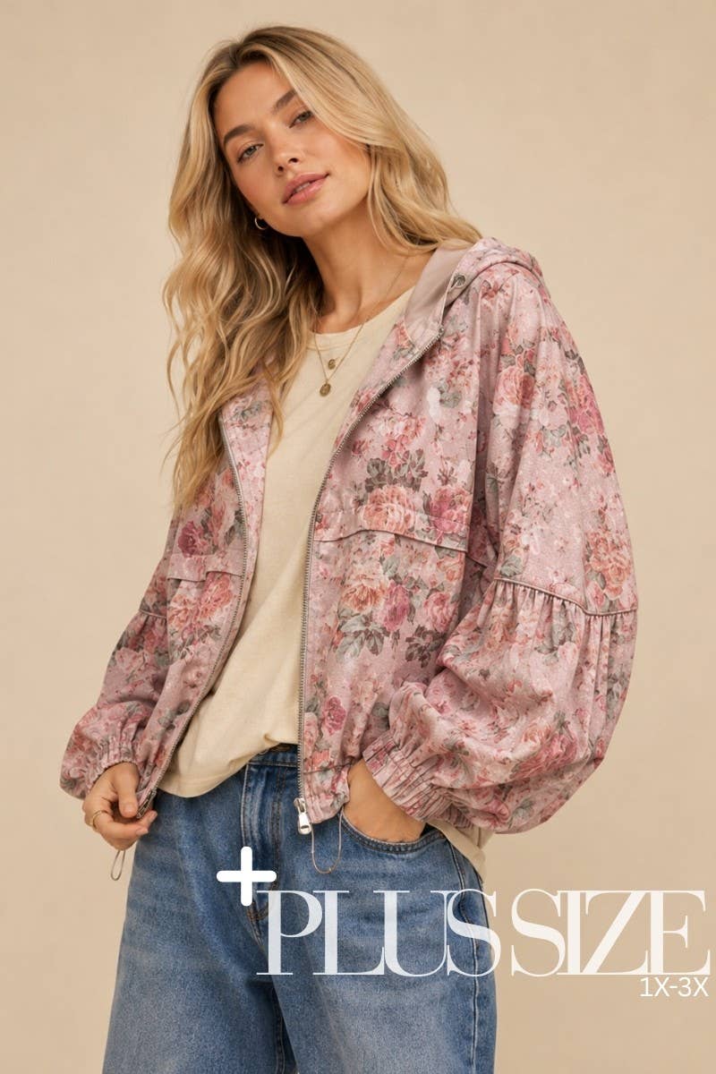 DENIM FLORAL PATTERN HOODED JACKET