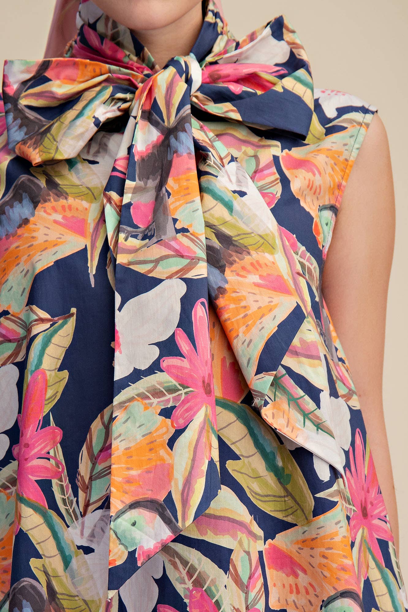 Tie Neck Sleeveless Floral Mini Dress