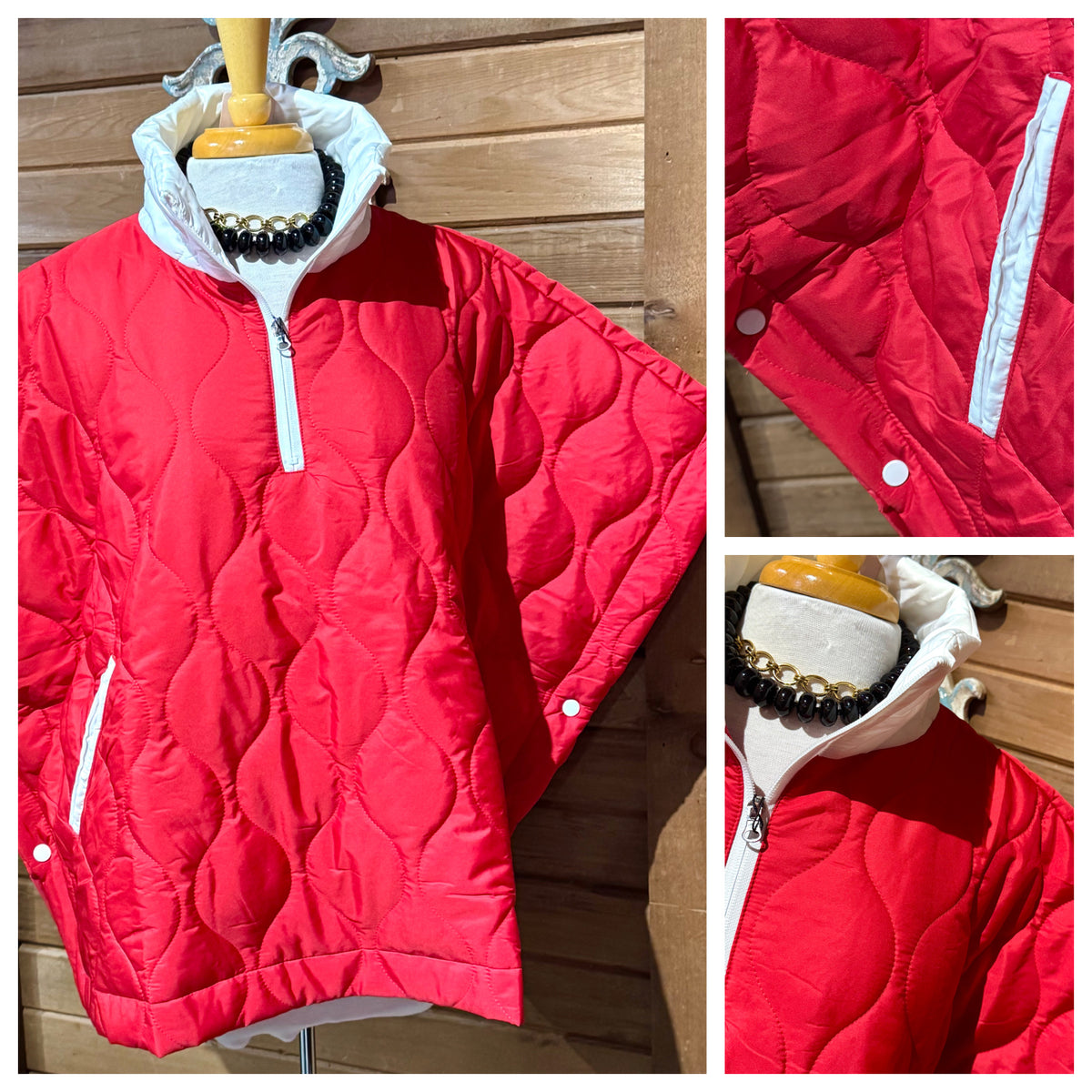 Quilted Poncho- Red/White