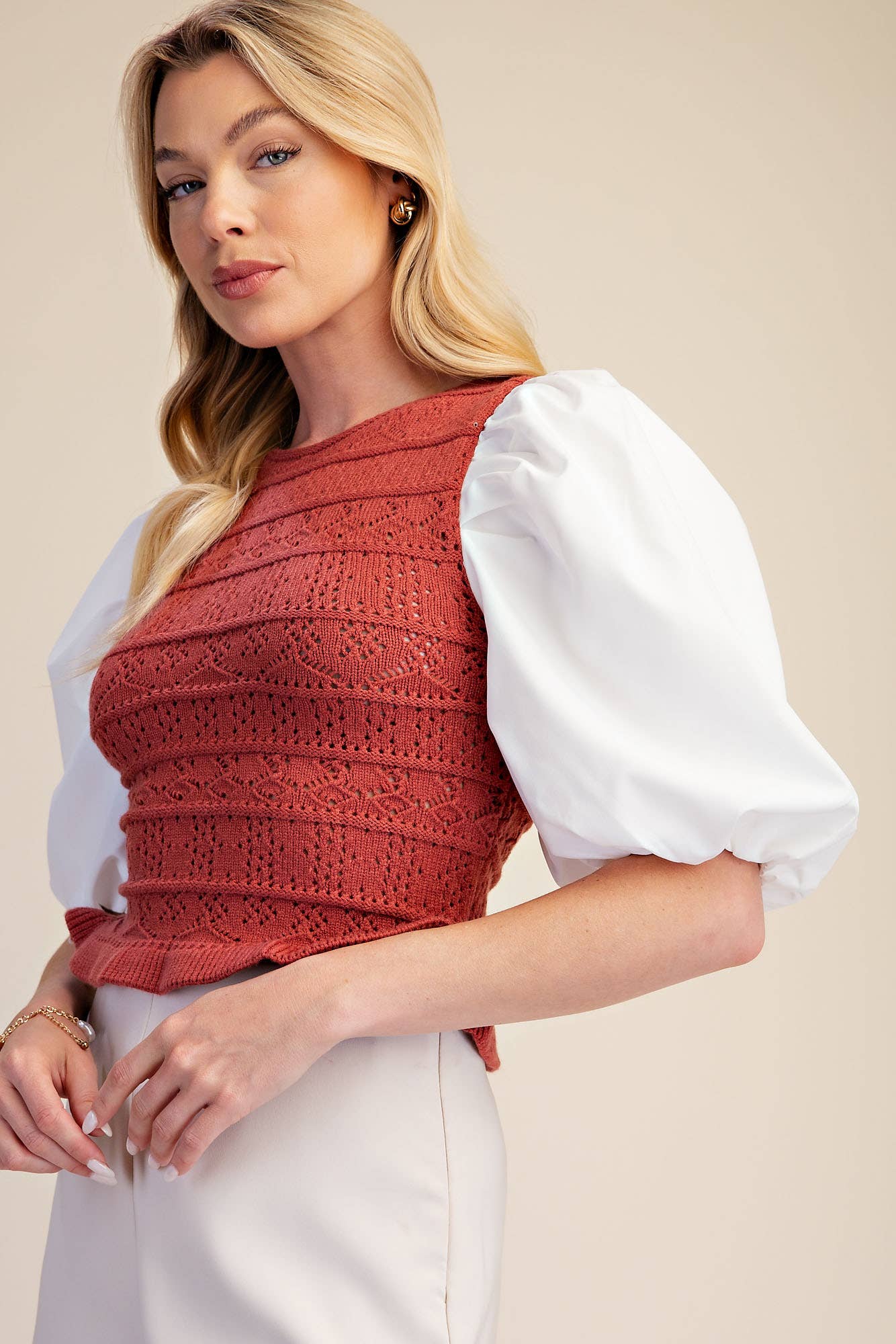 Combination Puff Sleeve Knit Blouse