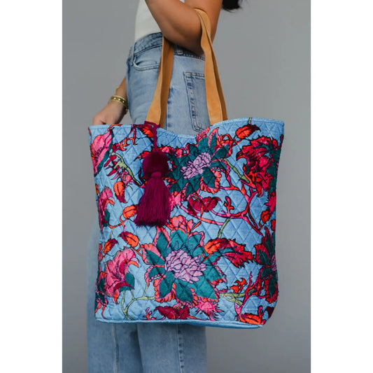 Blue Multicolored Floral Tote