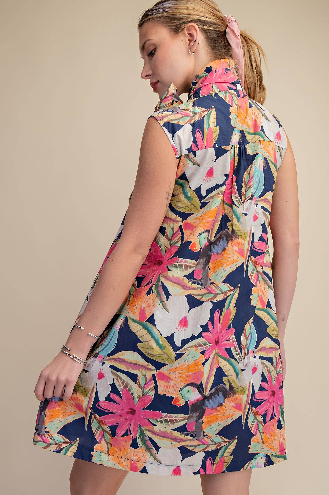 Tie Neck Sleeveless Floral Mini Dress