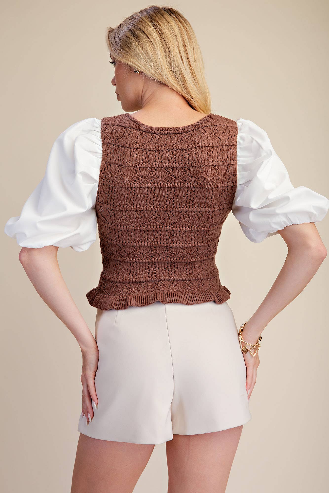 Combination Puff Sleeve Knit Blouse