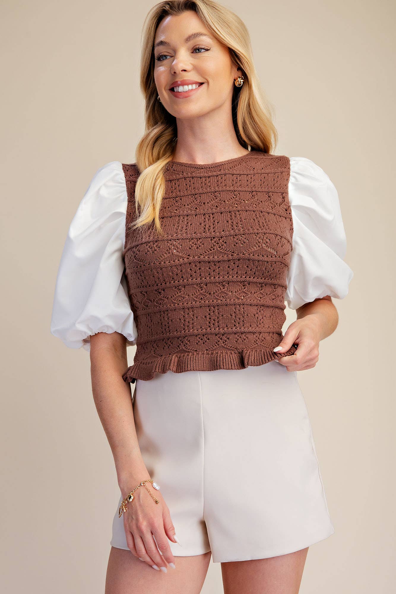 Combination Puff Sleeve Knit Blouse