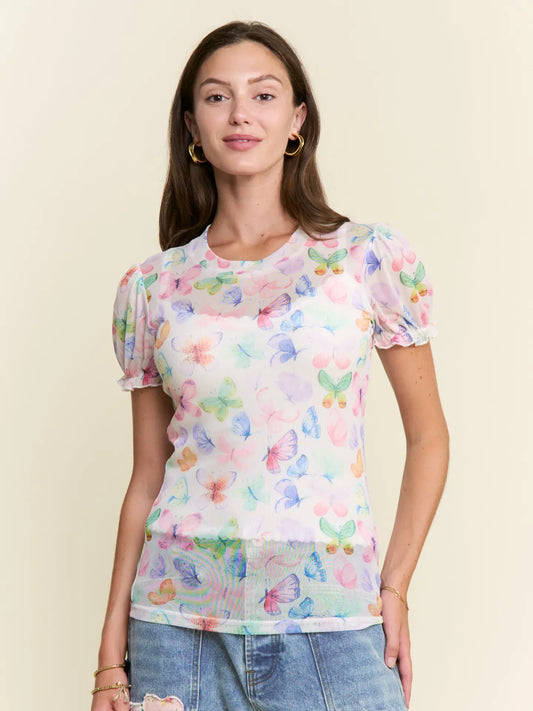 Pastel Butterfly Mesh Top