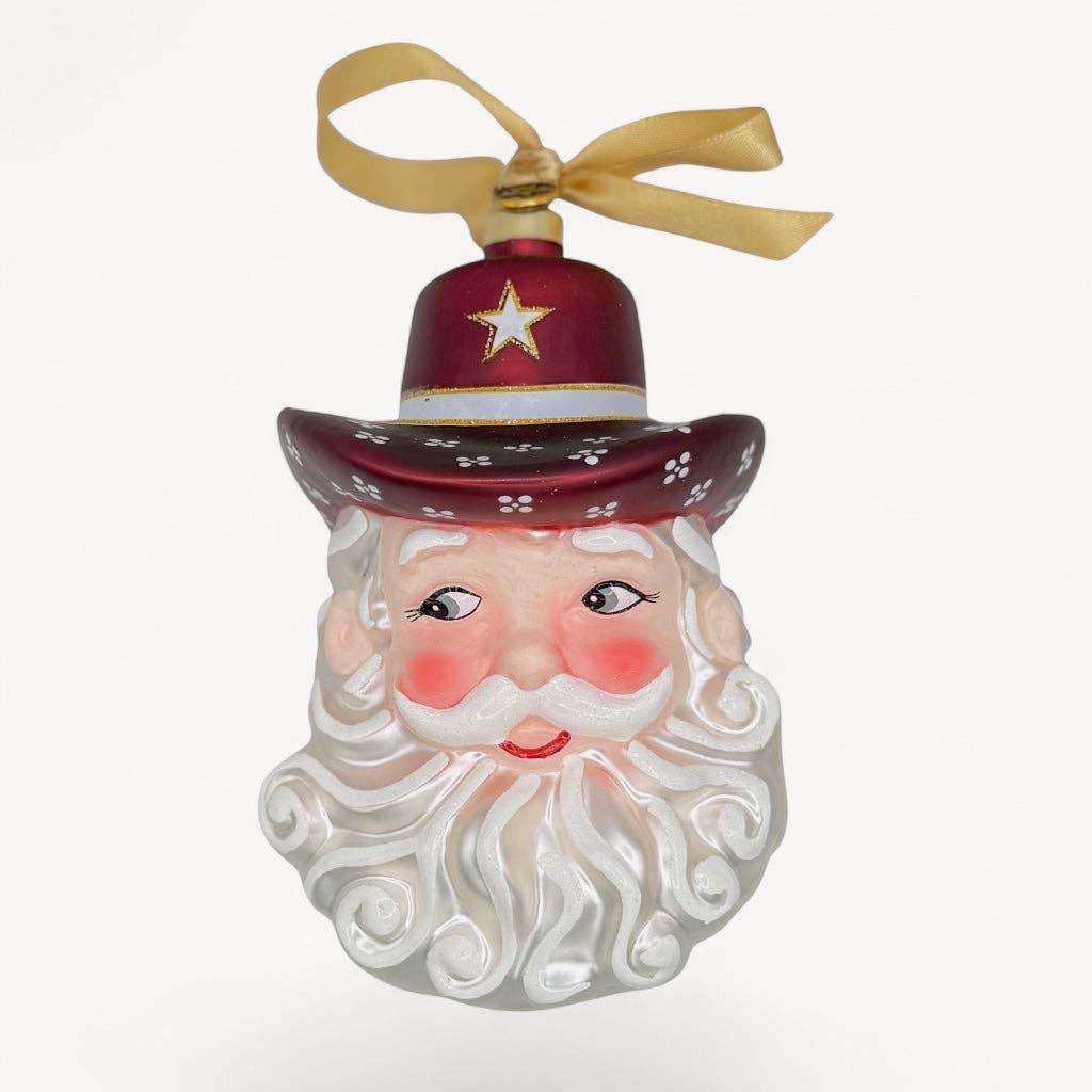 Maroon & White Cowboy Santa Blown Glass Christmas Ornament | Texan Christmas 2026 Edition #TC2601