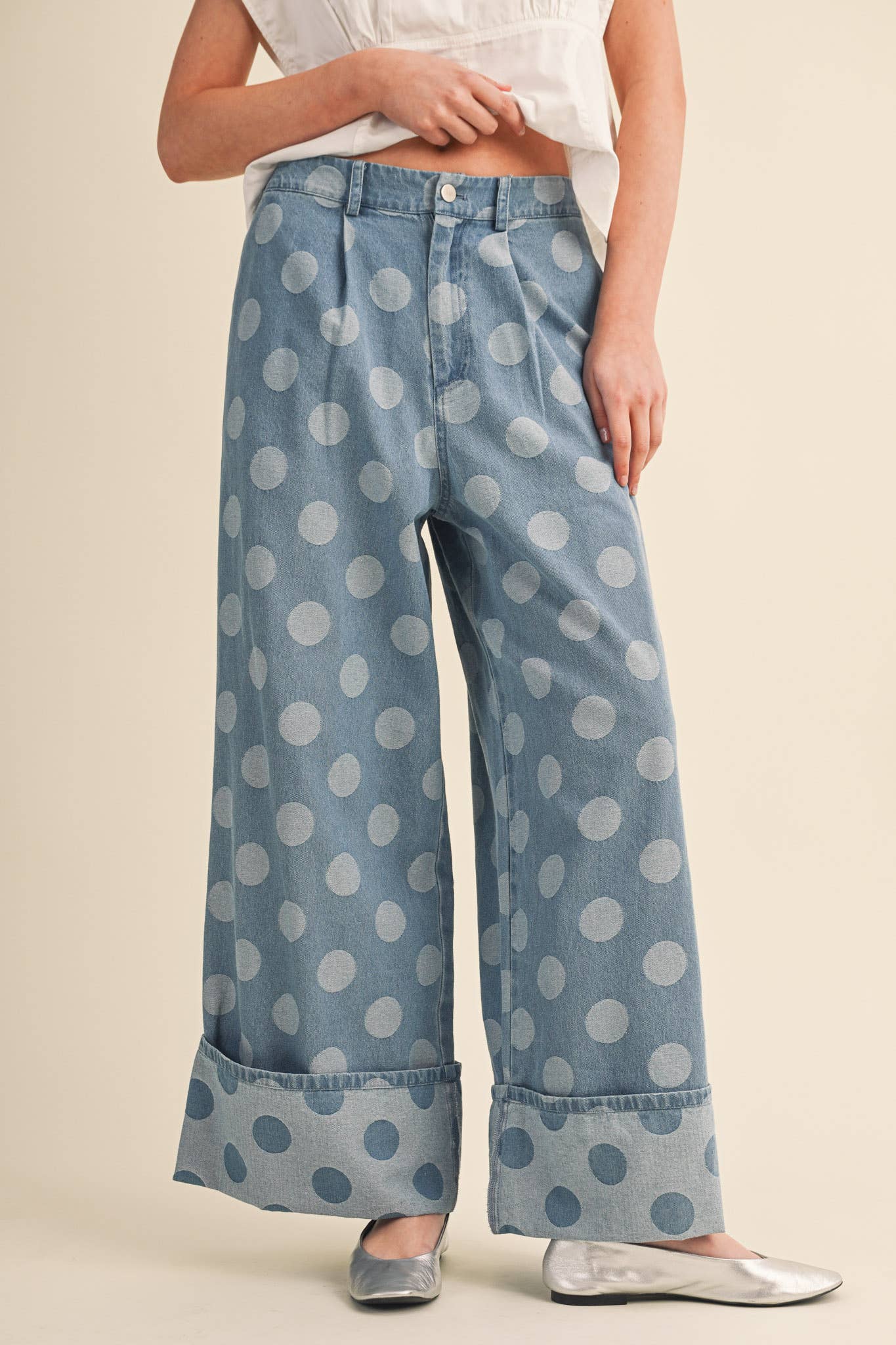 POLKA DOT WIDE LEG DENIM PANTS MP5117
