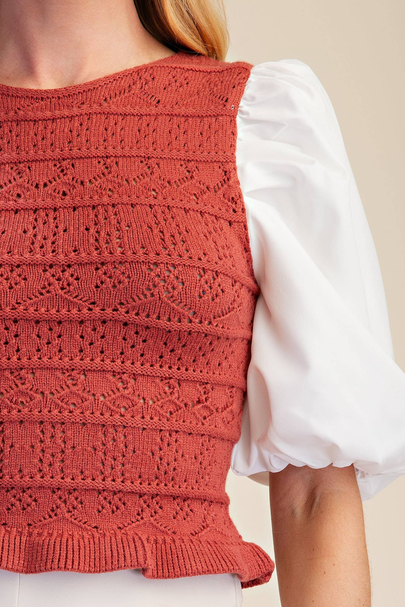 Combination Puff Sleeve Knit Blouse
