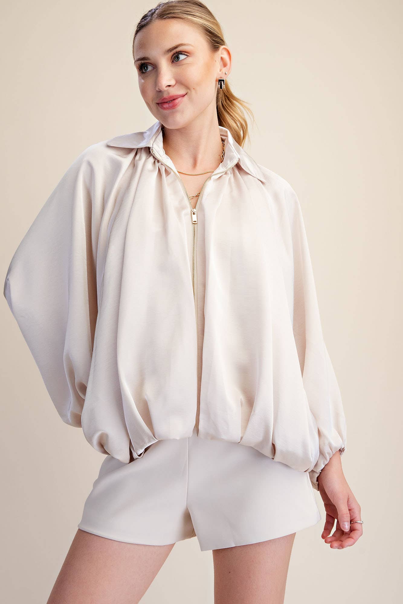 Balloon Pleated Detail Bomber Jacket
