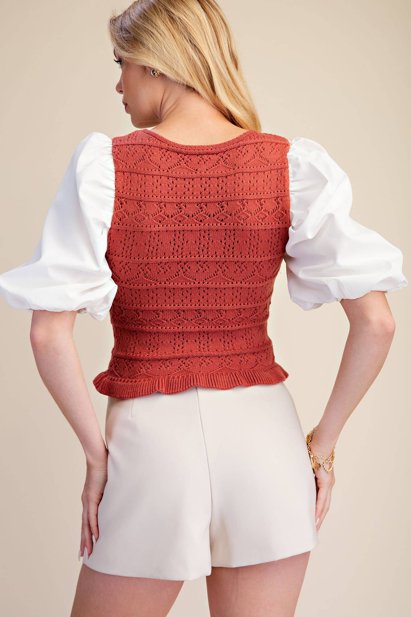 Combination Puff Sleeve Knit Blouse