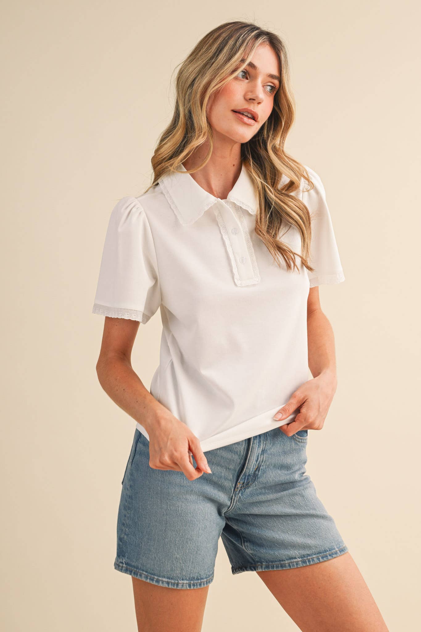 COLLARED LACE TRIM POLO TOP MTP4822