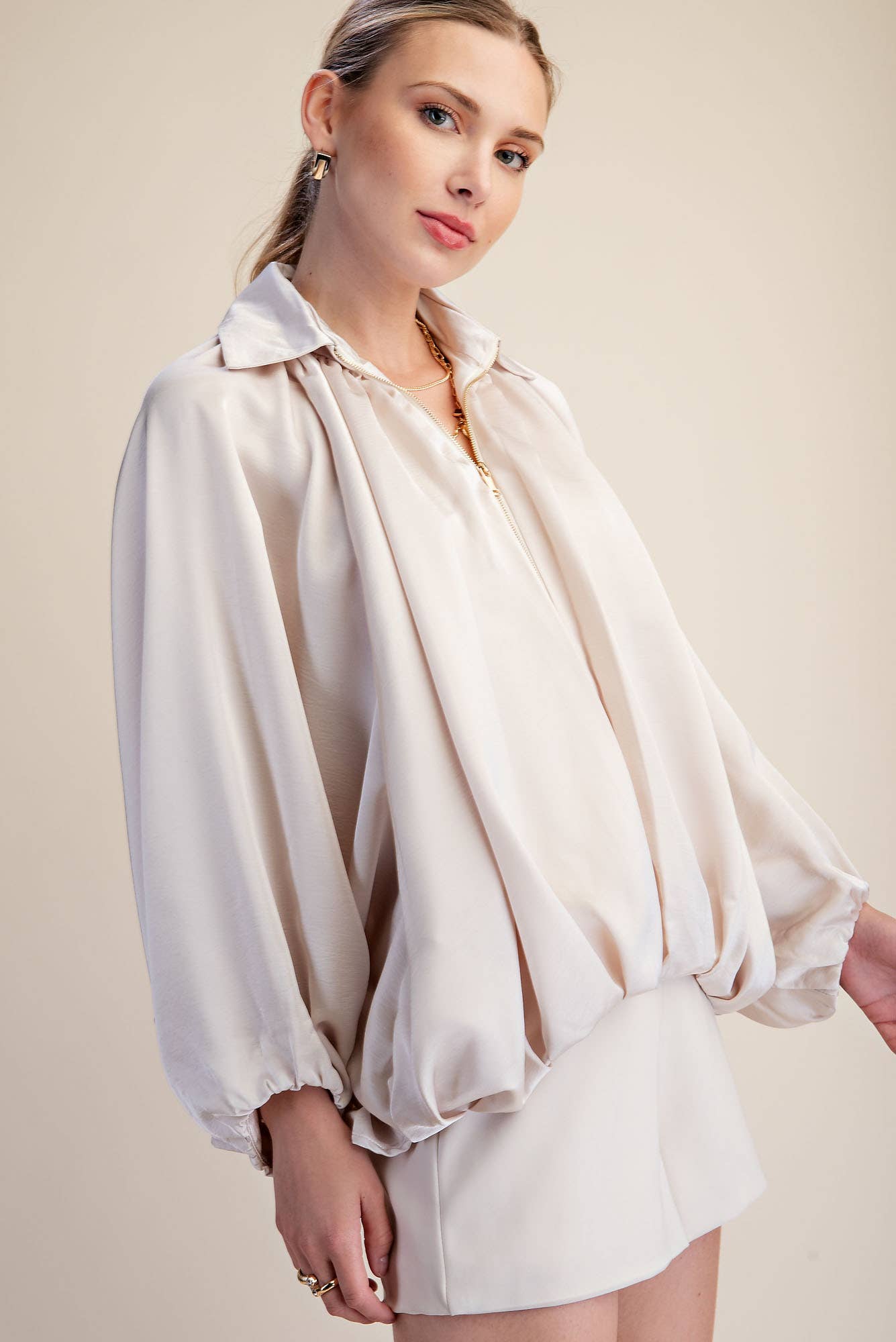 Balloon Pleated Detail Bomber Jacket