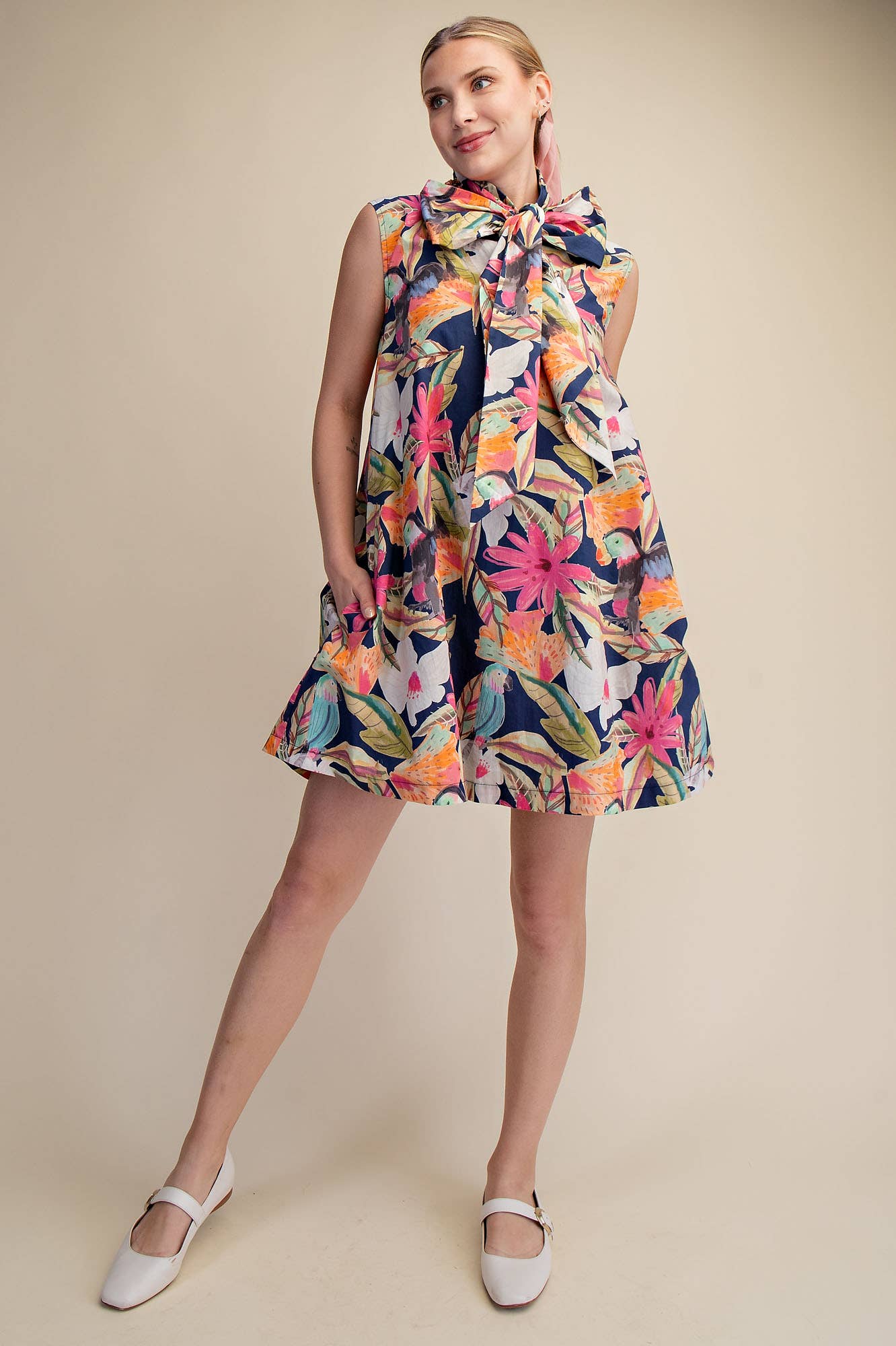 Tie Neck Sleeveless Floral Mini Dress