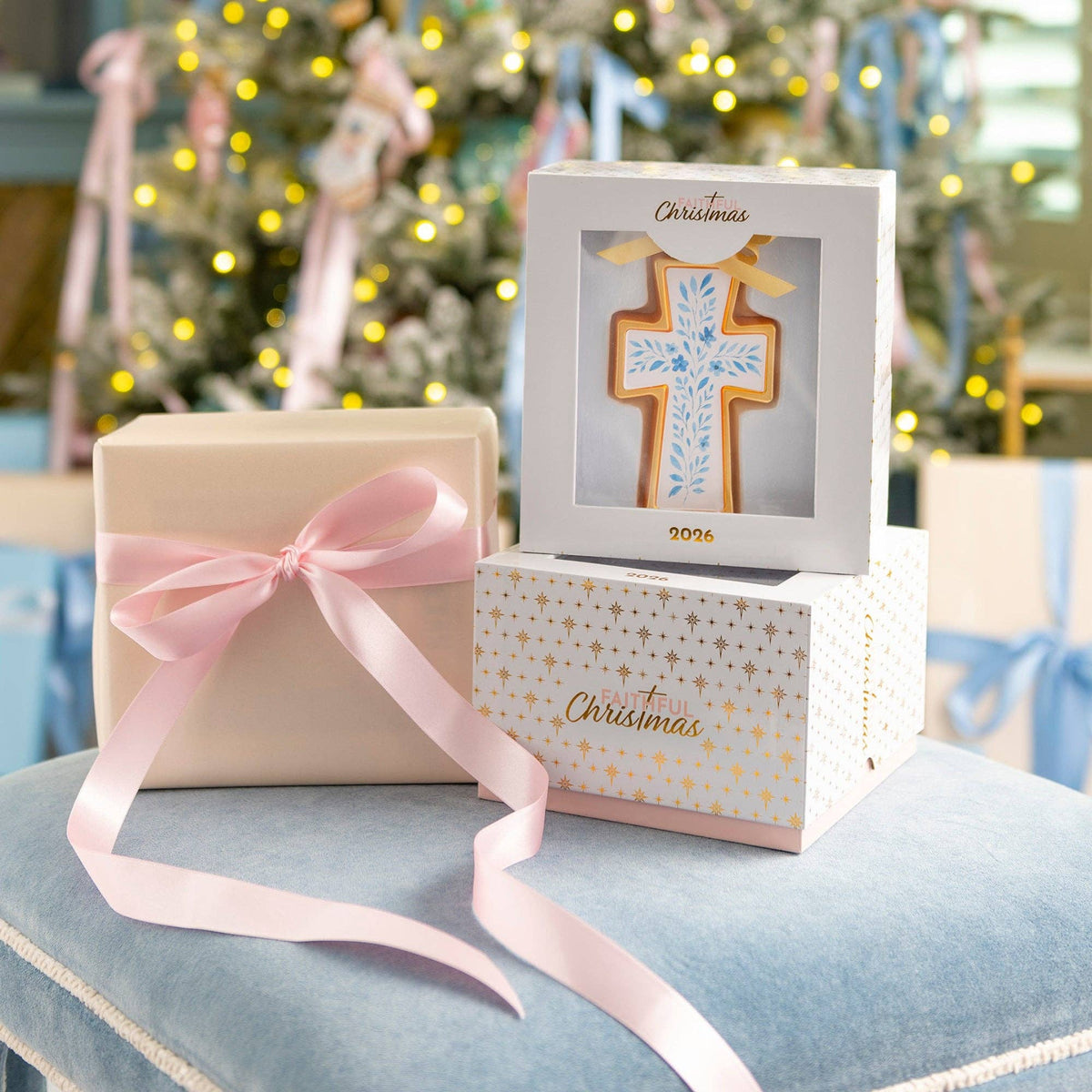 Floral Cross Blown Glass Christmas Ornament – 2026 First Edition #FC2610