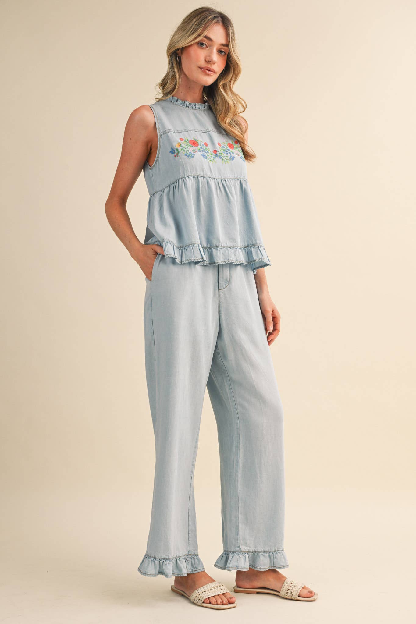 FLORAL EMBROIDERY BABYDOLL TANK AND PANTS SET MPST4831