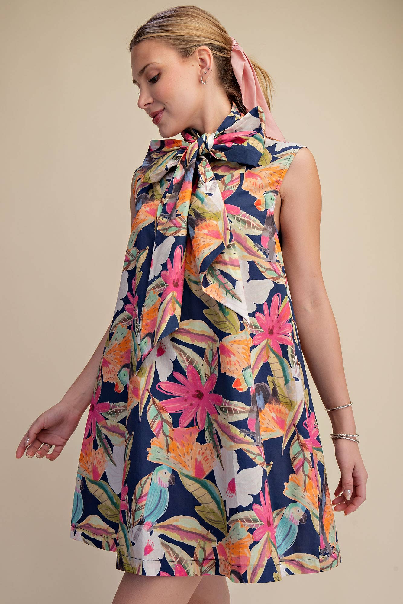 Tie Neck Sleeveless Floral Mini Dress