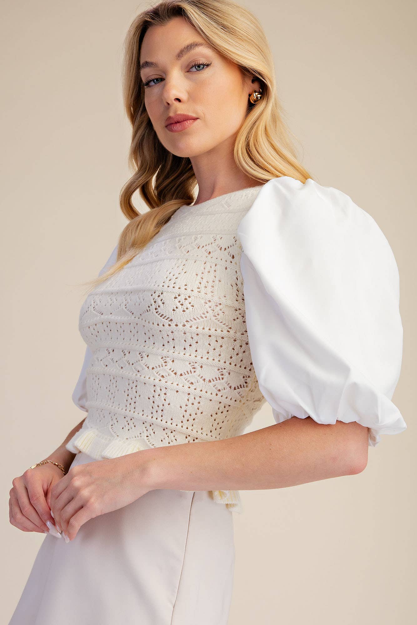 Combination Puff Sleeve Knit Blouse