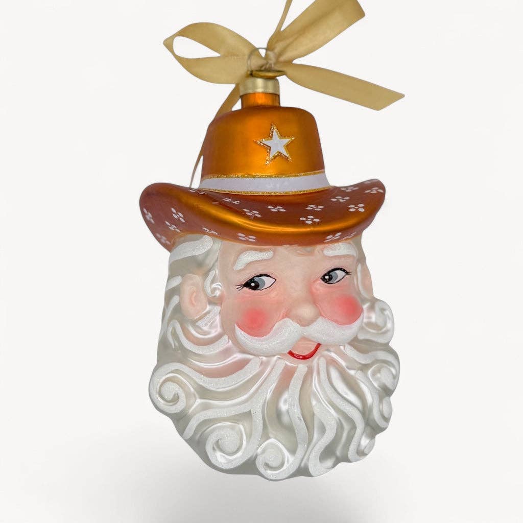 Burnt Orange Texas Cowboy Santa Blown Glass Christmas Ornament|Texan Christmas 2026 Edition #TC2601