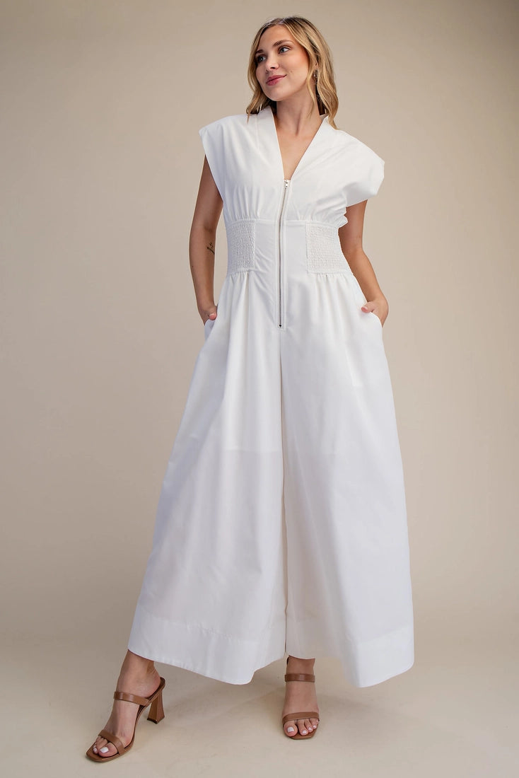 White Zip Front Jumpsuit