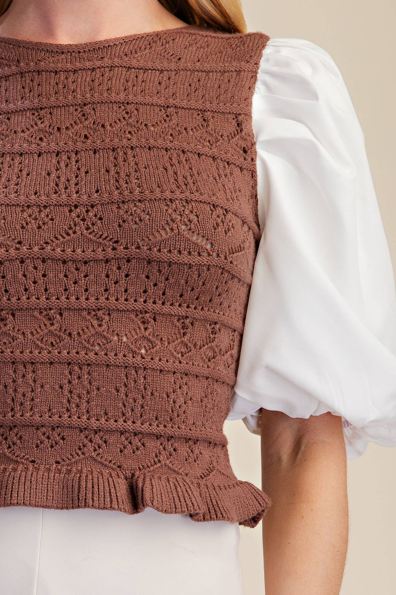 Combination Puff Sleeve Knit Blouse