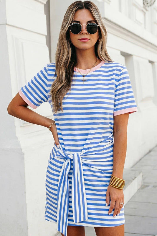 Blue Striped Tie Waist T Shirt Dress