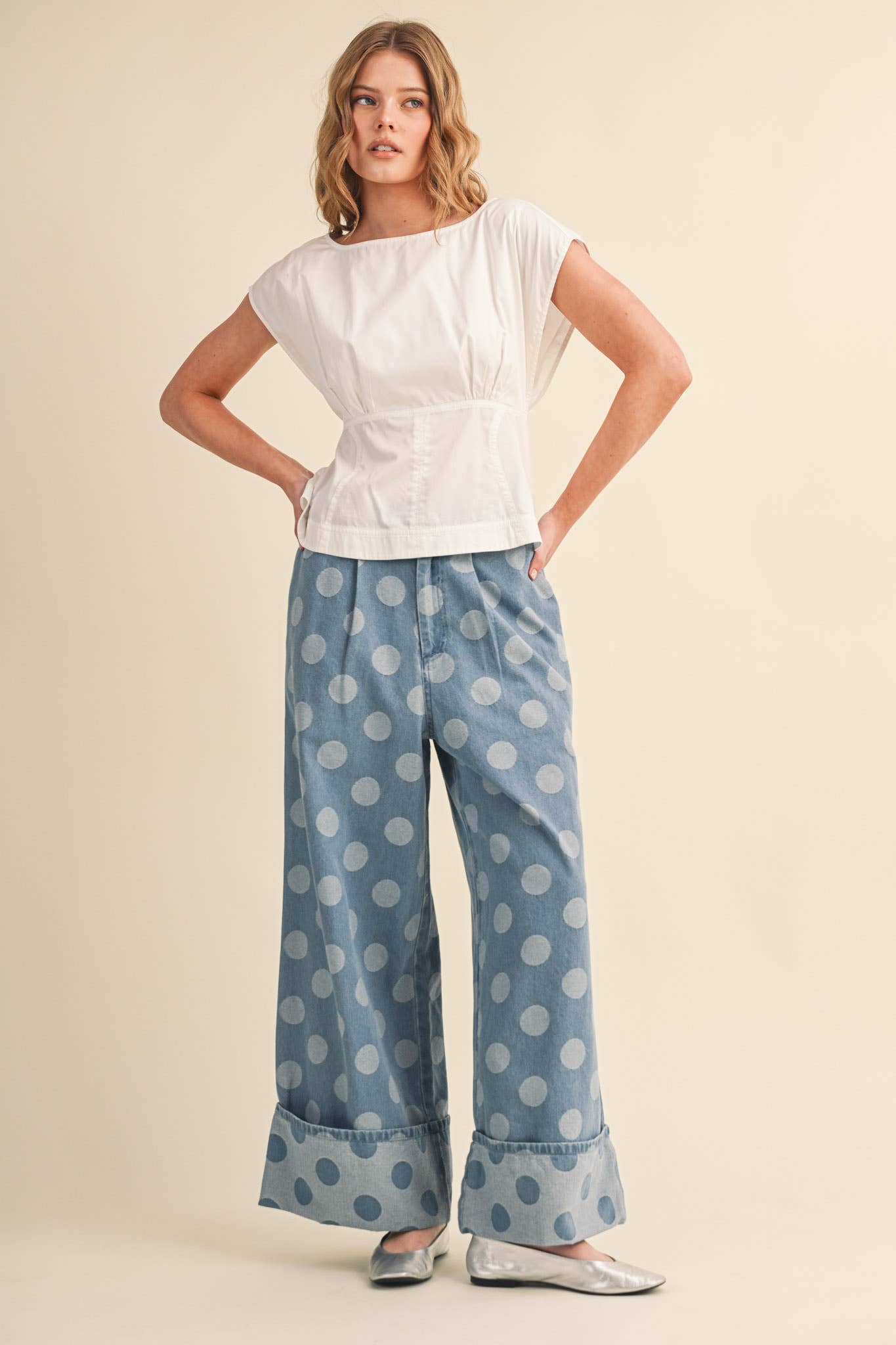 POLKA DOT WIDE LEG DENIM PANTS MP5117
