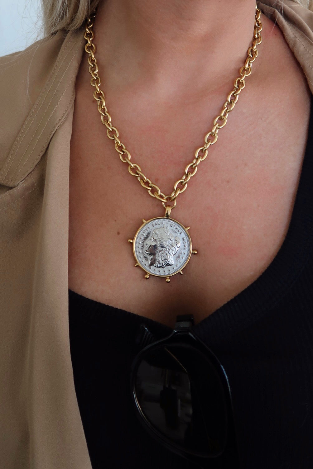 Chan-Sutt Pearls Two Toned Coin Necklace