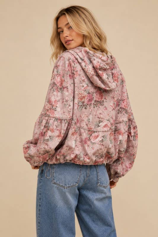 DENIM FLORAL PATTERN HOODED JACKET