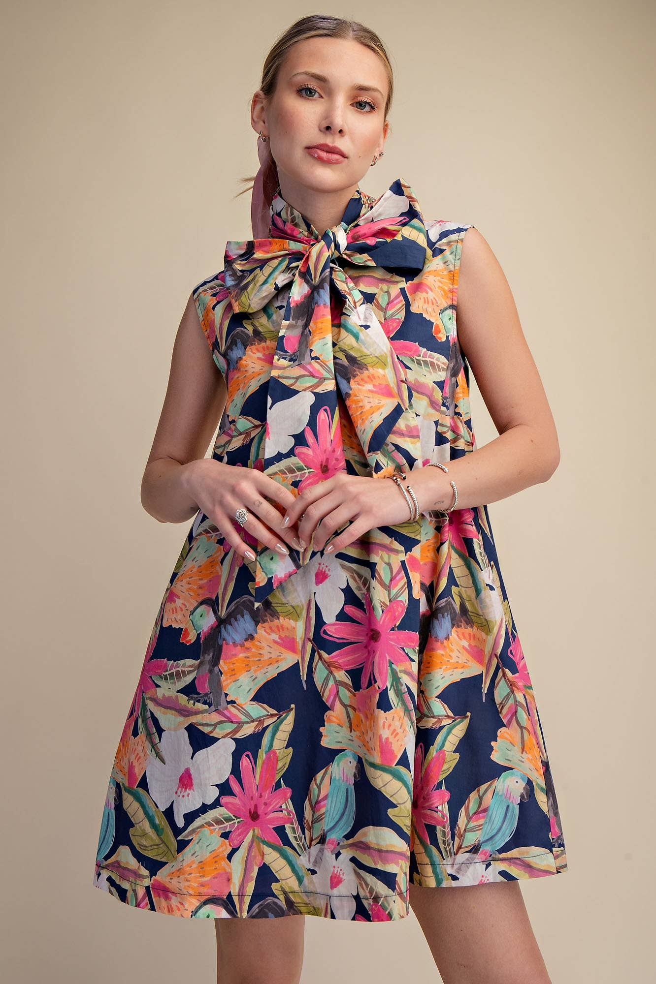 Tie Neck Sleeveless Floral Mini Dress