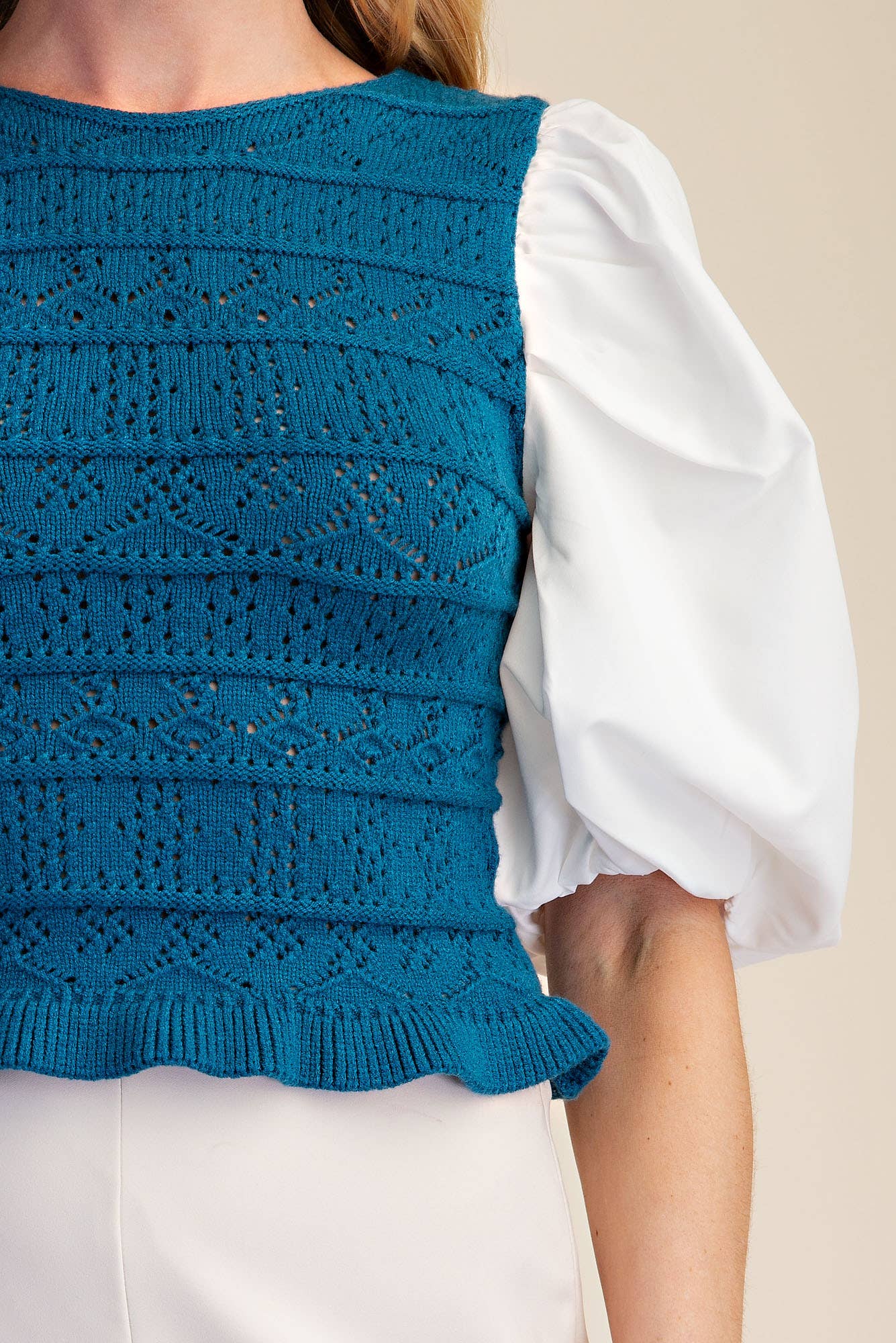 Combination Puff Sleeve Knit Blouse