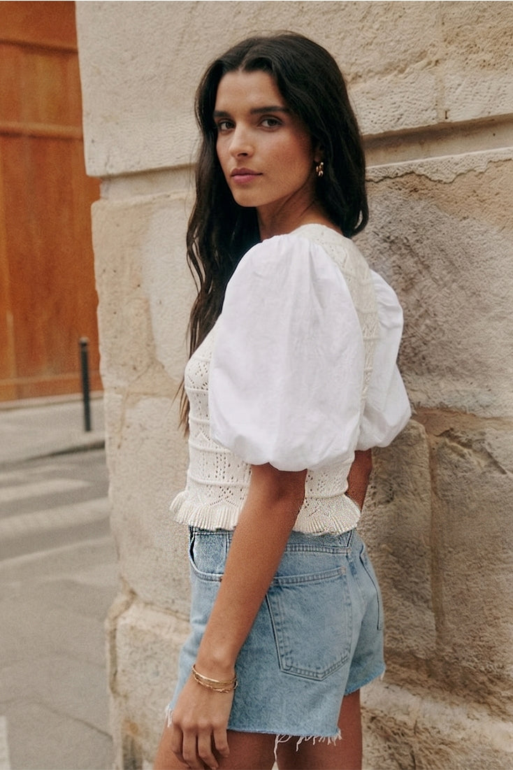Combo Beige Puff Sleeve Top