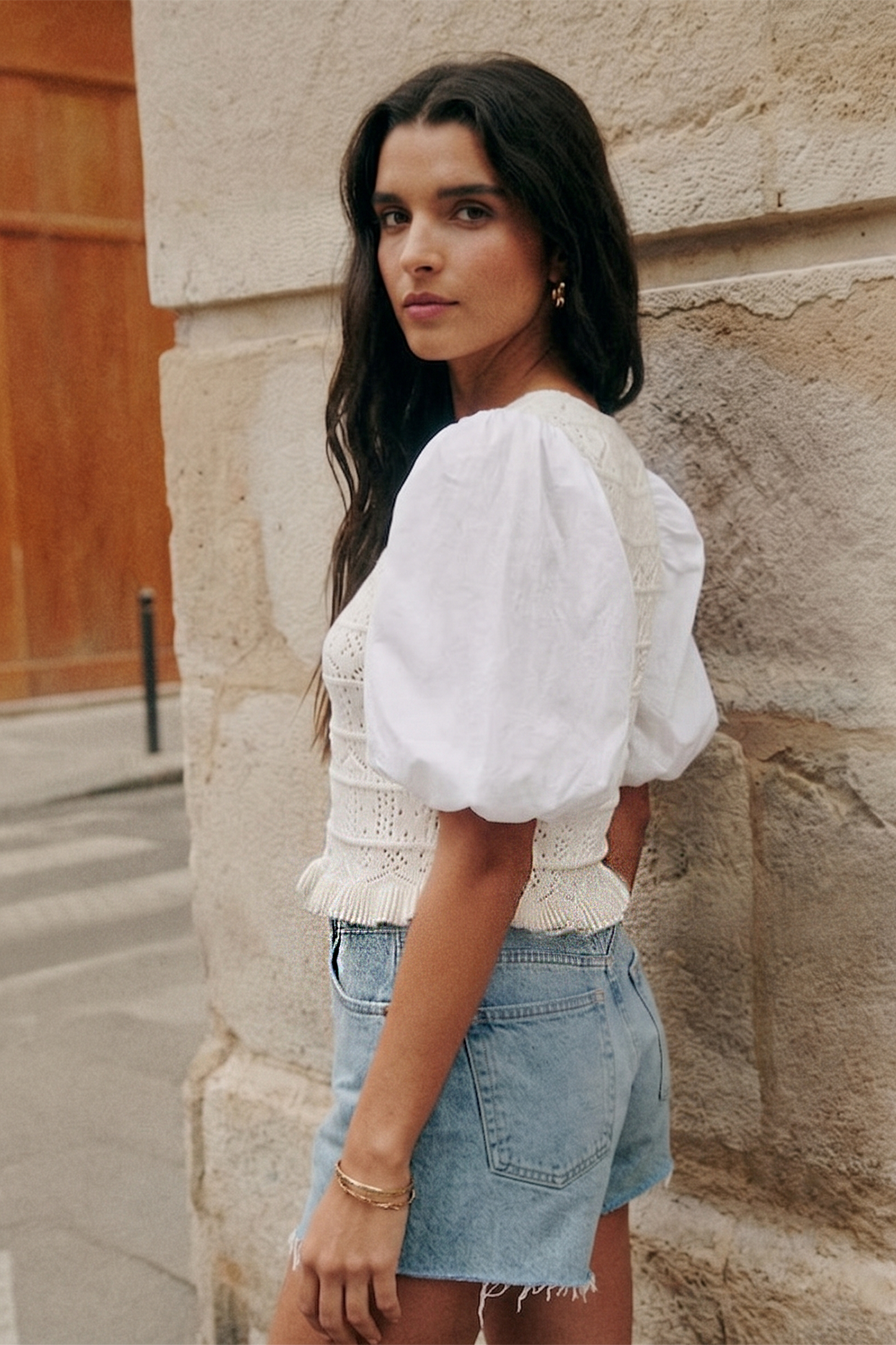Combination Puff Sleeve Knit Blouse