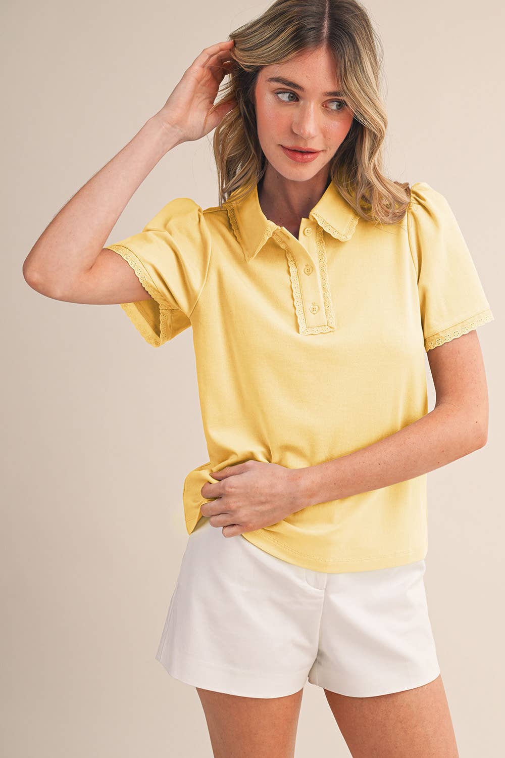 COLLARED LACE TRIM POLO TOP MTP4822