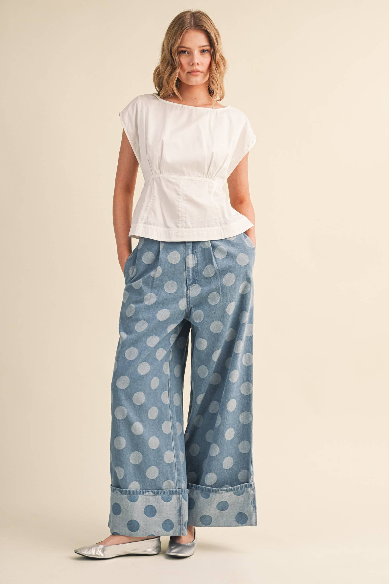 POLKA DOT WIDE LEG DENIM PANTS MP5117