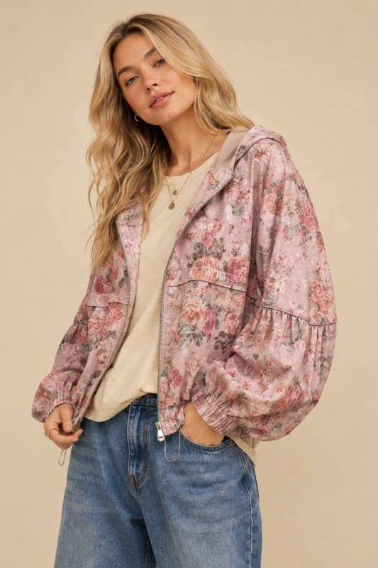 DENIM FLORAL PATTERN HOODED JACKET