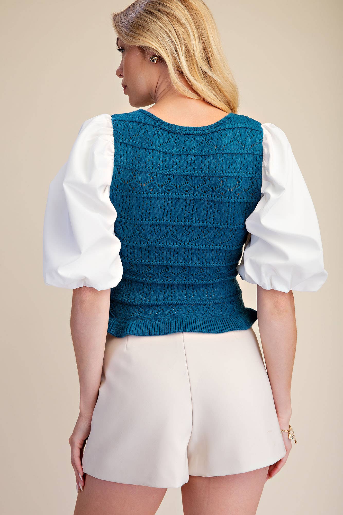 Combination Puff Sleeve Knit Blouse