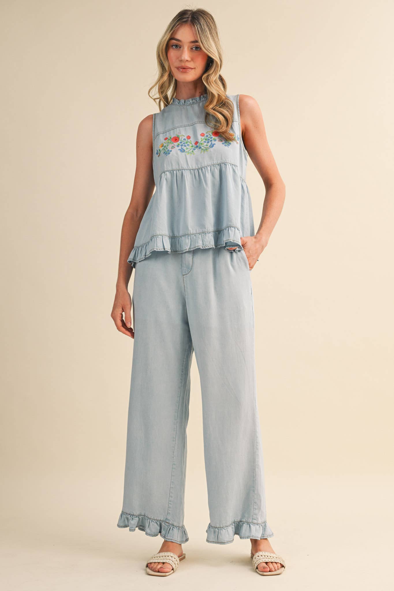 FLORAL EMBROIDERY BABYDOLL TANK AND PANTS SET MPST4831