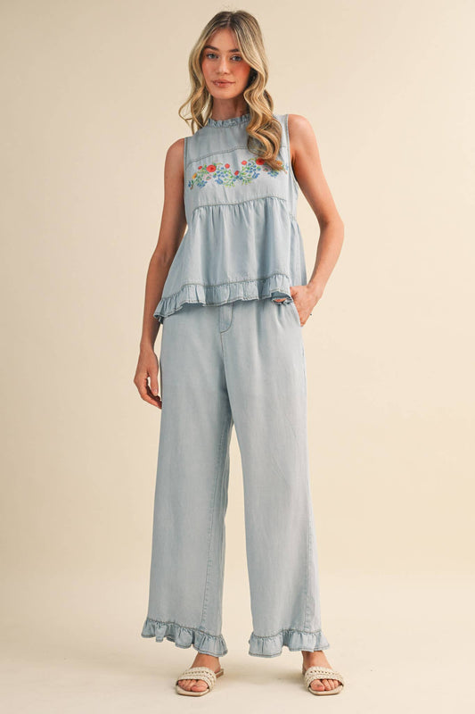 FLORAL EMBROIDERY BABYDOLL TANK AND PANTS SET MPST4831