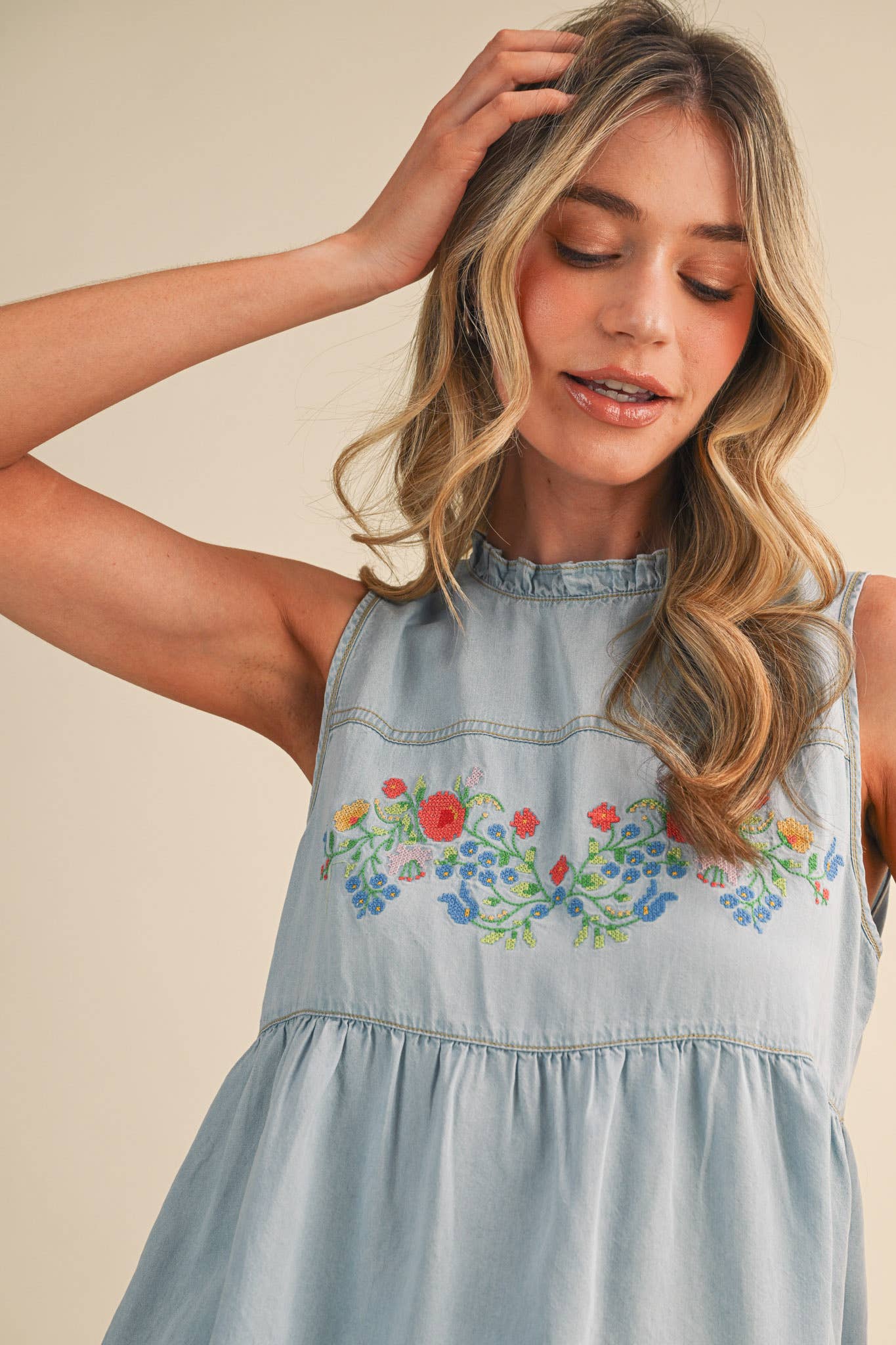 FLORAL EMBROIDERY BABYDOLL TANK AND PANTS SET MPST4831