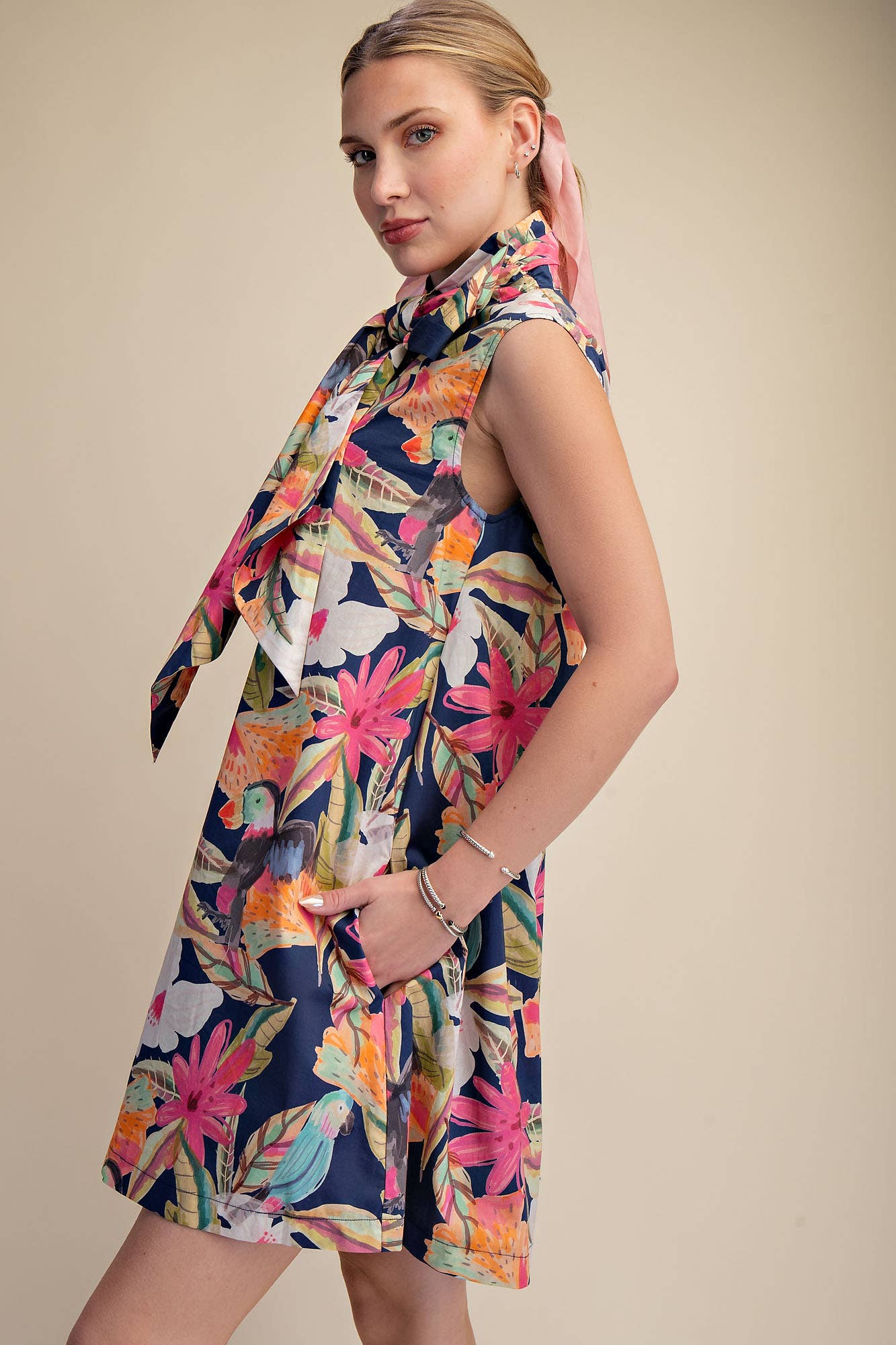 Tie Neck Sleeveless Floral Mini Dress
