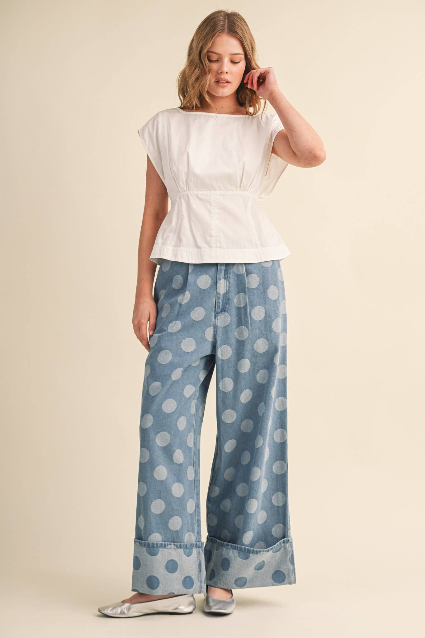 POLKA DOT WIDE LEG DENIM PANTS MP5117