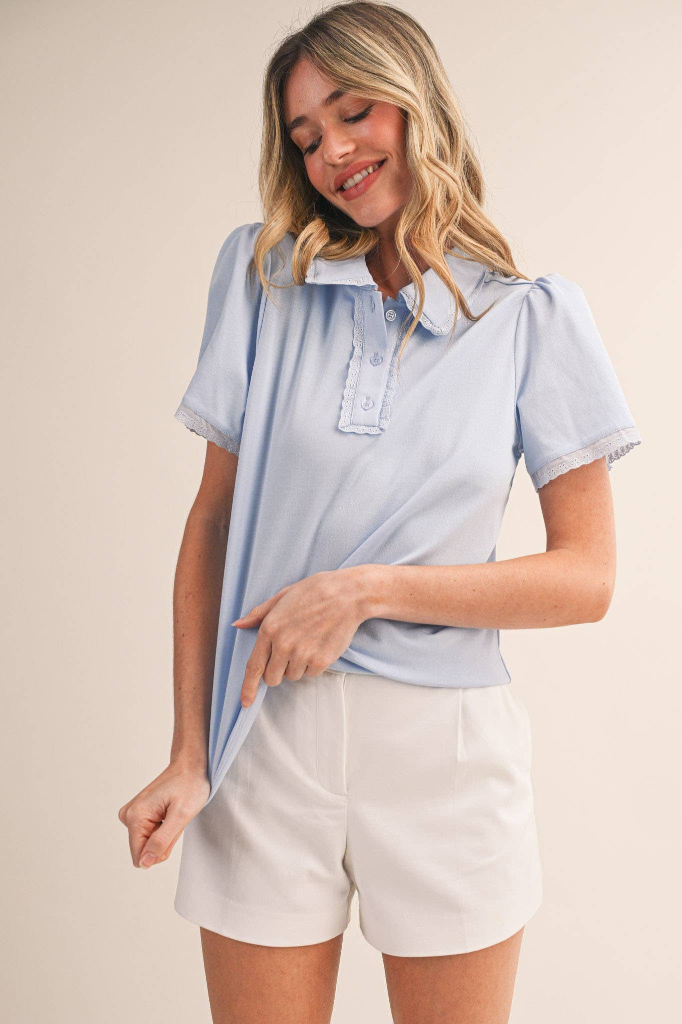 COLLARED LACE TRIM POLO TOP MTP4822