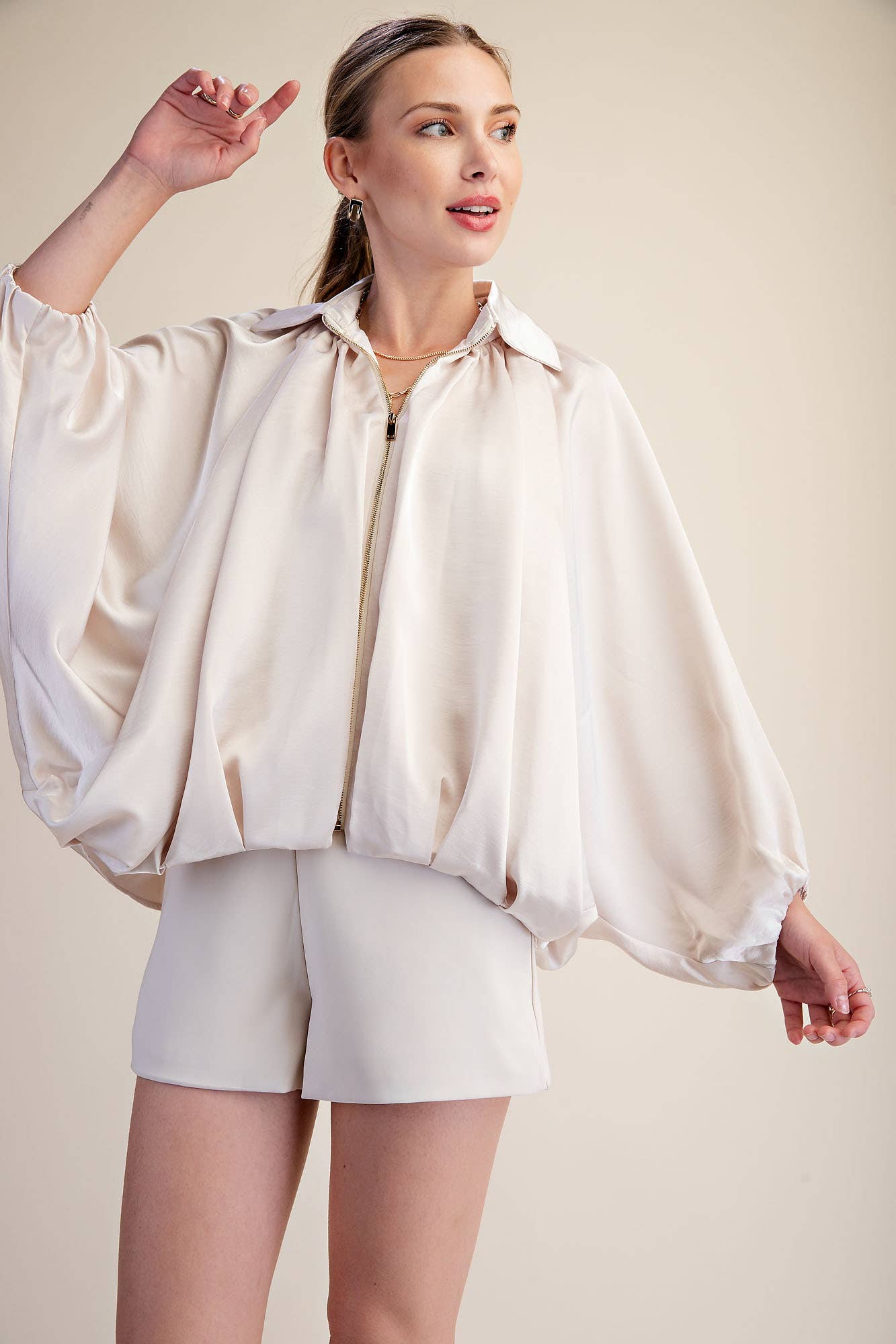 Balloon Pleated Detail Bomber Jacket