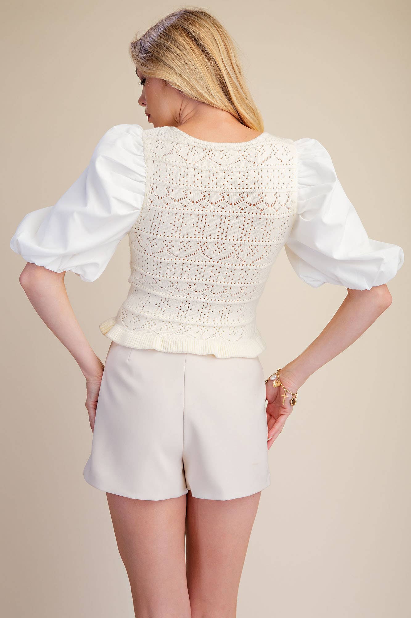 Combination Puff Sleeve Knit Blouse