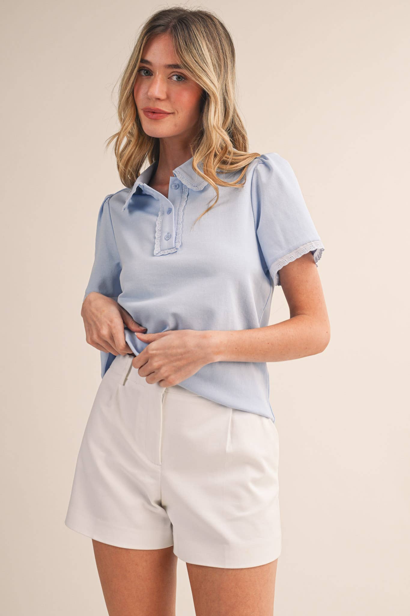 COLLARED LACE TRIM POLO TOP MTP4822