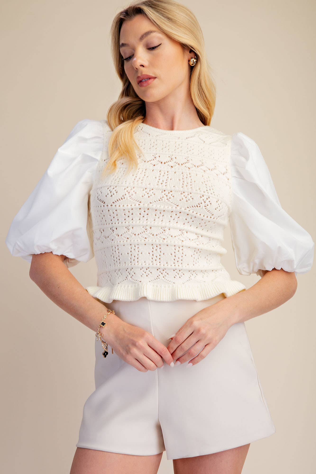 Combination Puff Sleeve Knit Blouse