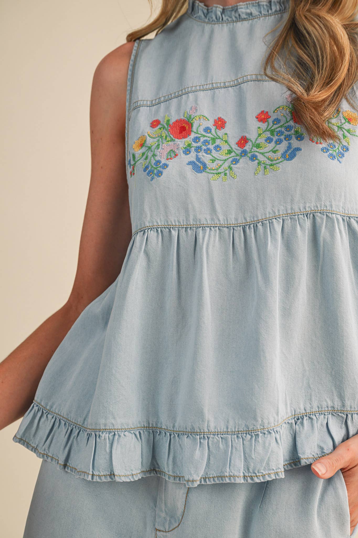 FLORAL EMBROIDERY BABYDOLL TANK AND PANTS SET MPST4831