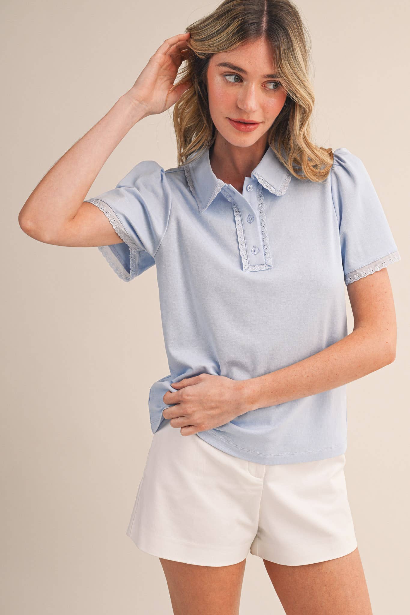 COLLARED LACE TRIM POLO TOP MTP4822