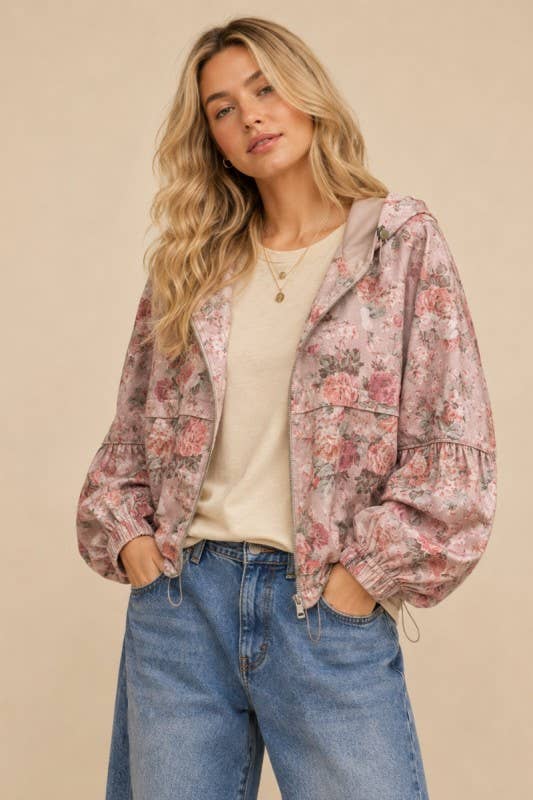 DENIM FLORAL PATTERN HOODED JACKET