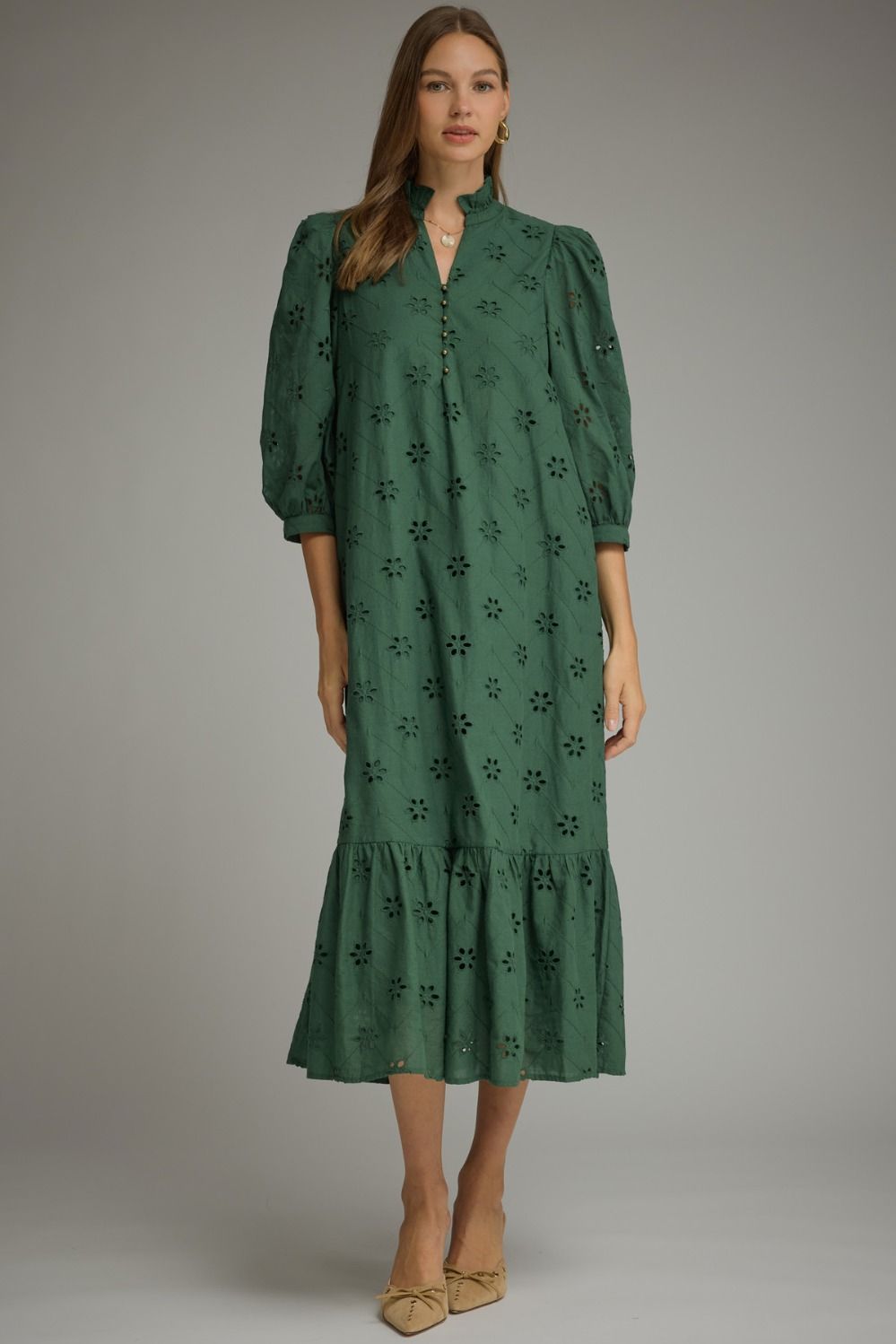 Olive Floral Eyelet Dress